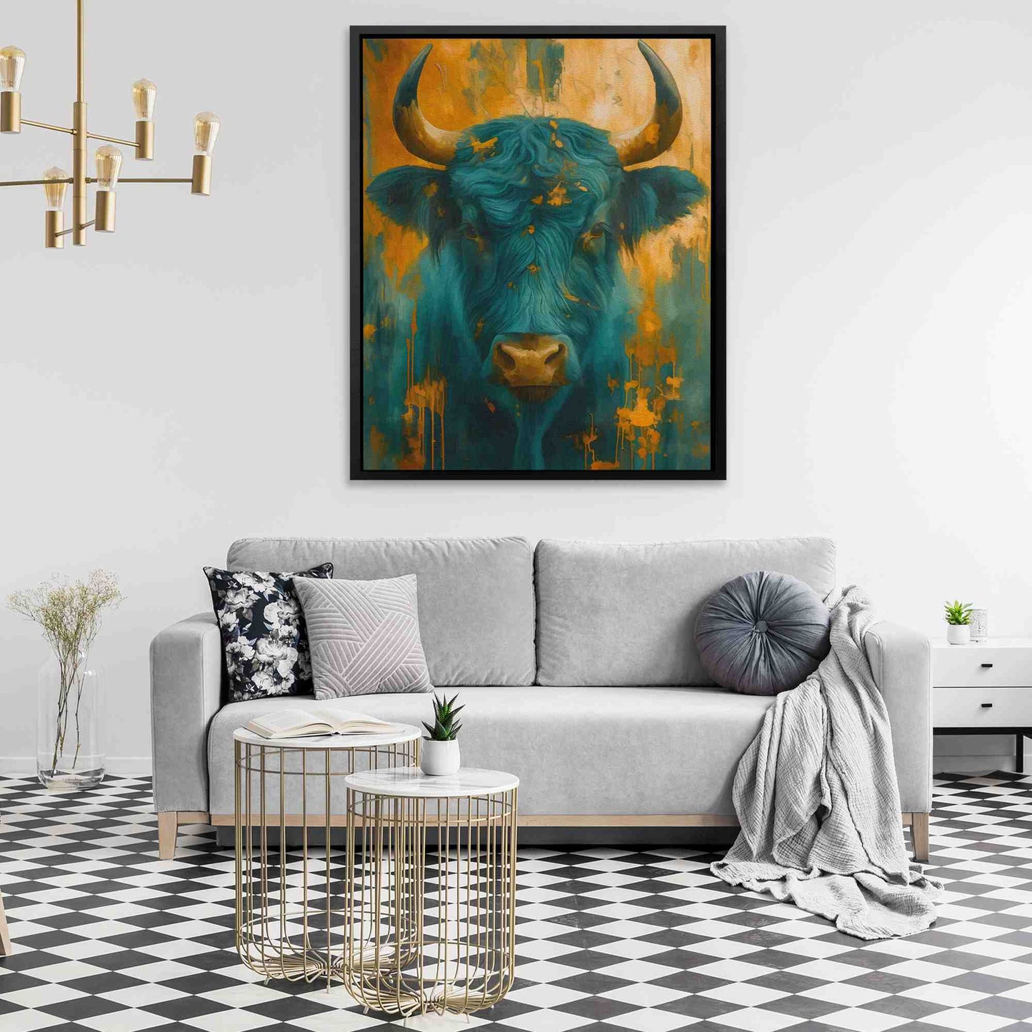 Teal and Gold Horns - Bull Wall Art in Black Frame