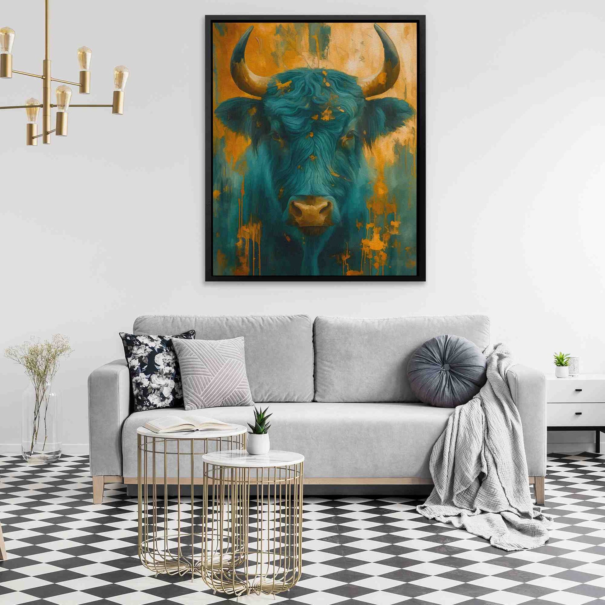 Teal and Gold Horns - Bull Wall Art in Black Frame