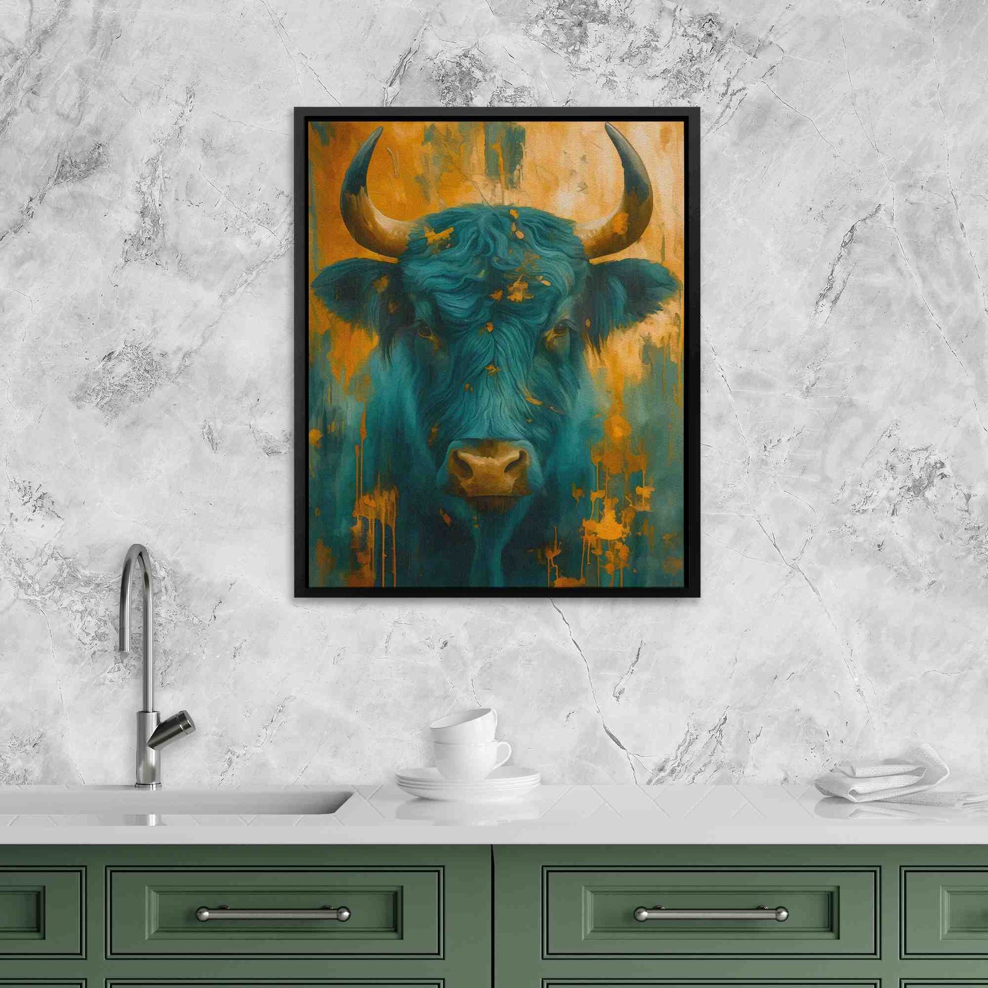 Teal and Gold Horns - Animals Art
