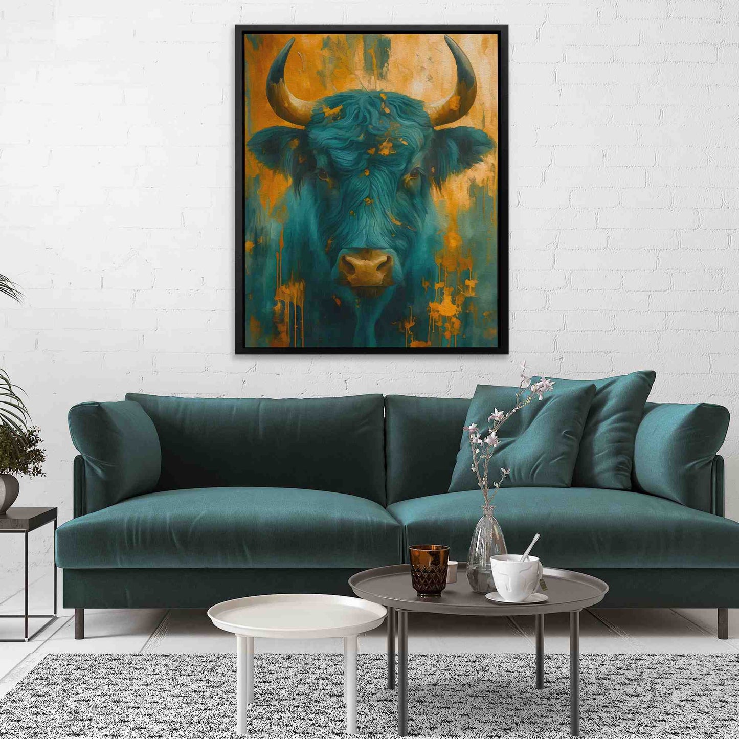 Teal and Gold Horns - Watercolor Gold Canvas Wall Art