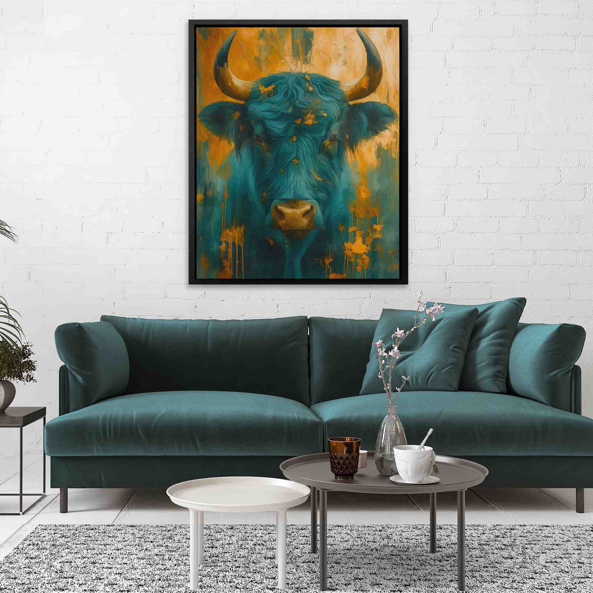 Teal and Gold Horns - Watercolor Gold Canvas Wall Art