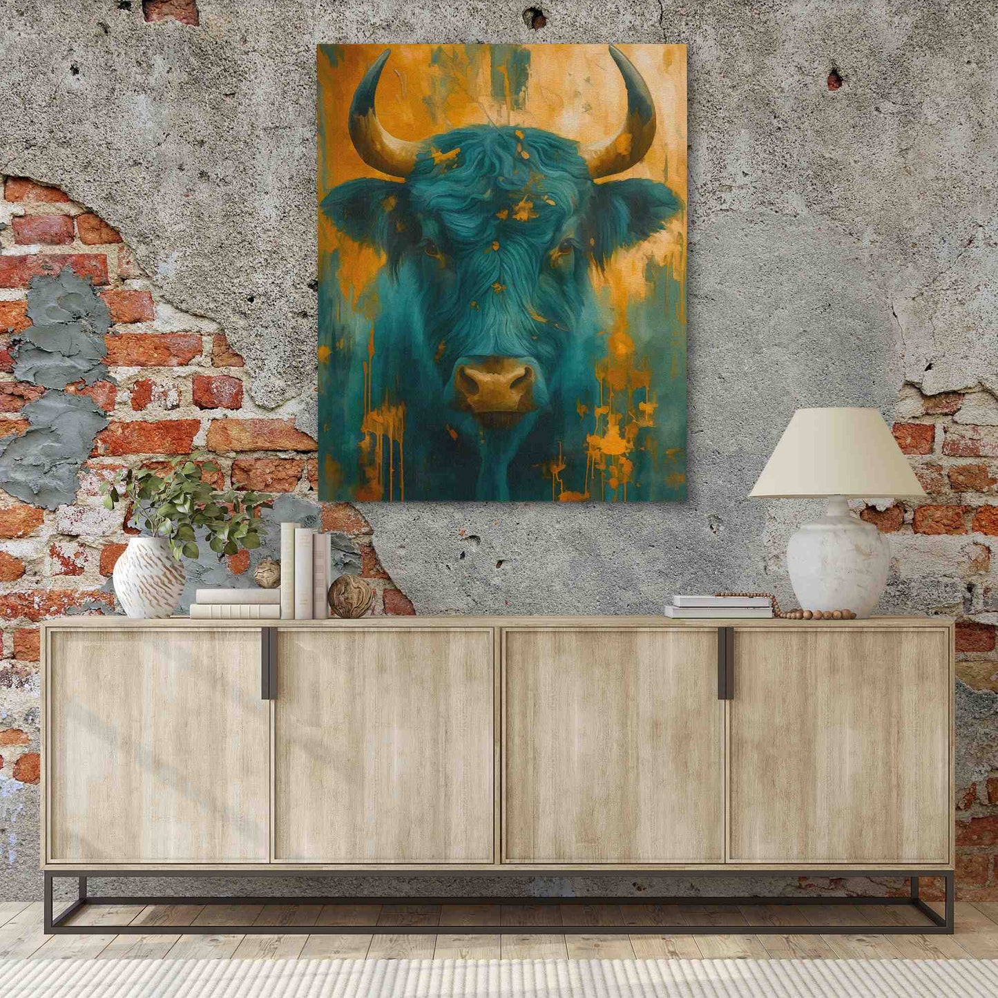 Teal and Gold Horns - Gold Bull Canvas Print