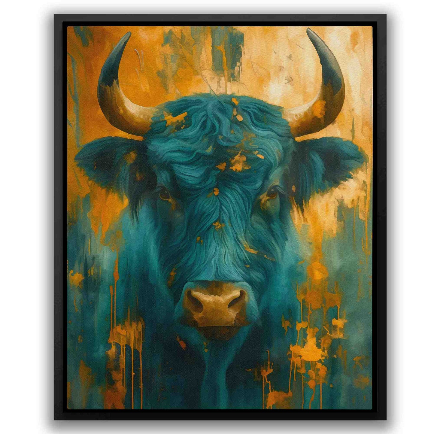 Teal and Gold Horns - Watercolor Wall Art in Black Frame