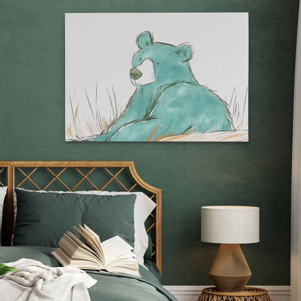 Teal Bear - Minimalist Wall Art in Black Frame