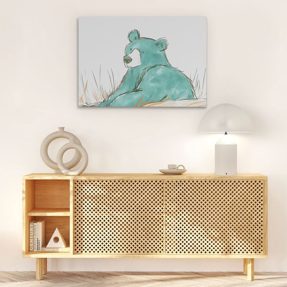 Teal Bear - Minimalist Teal Canvas Wall Art