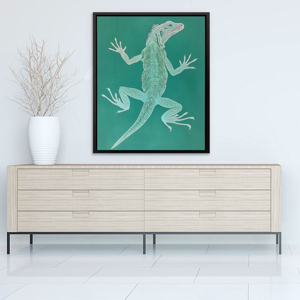 Teal Iguana - Reptile Wall Art in Black Frame