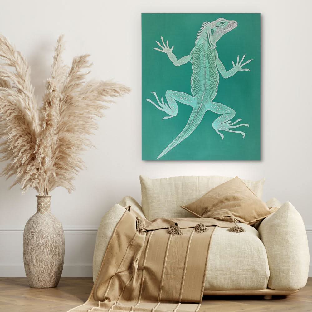 Teal Iguana - Green Reptile Canvas Print