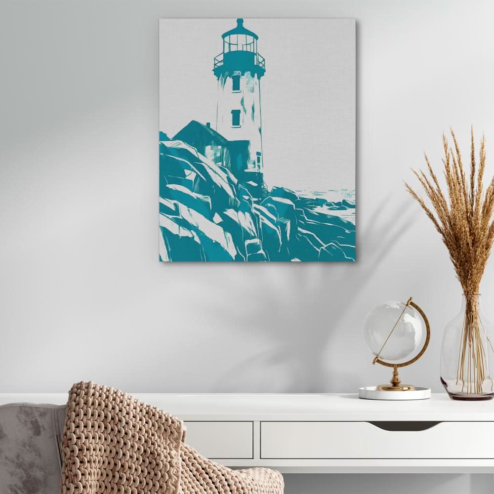 Teal Lighthouse - Coastal Wall Art in Black Frame