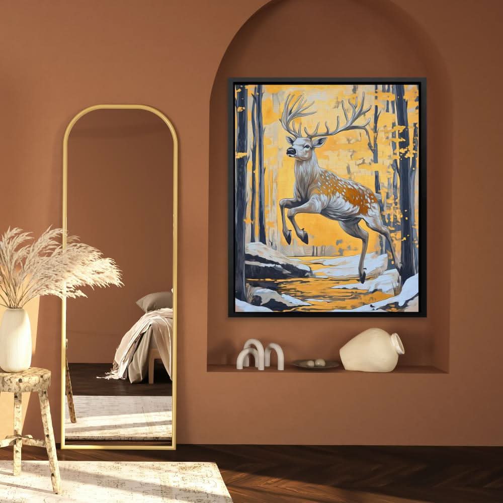 The Golden Stag - Deer Wall Art in Black Frame