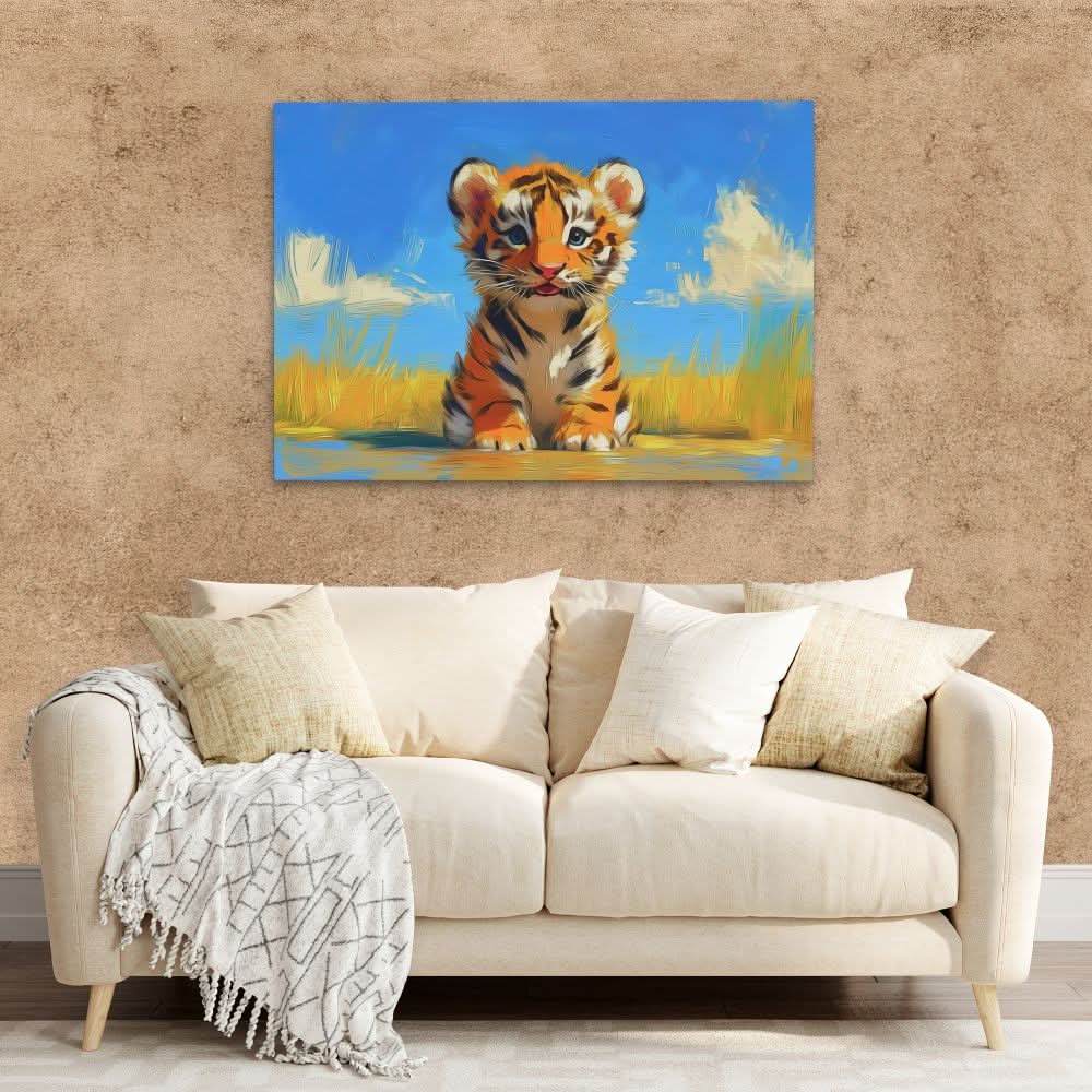 Tiger Cub in the Plains - Tiger Wall Art in Black Frame