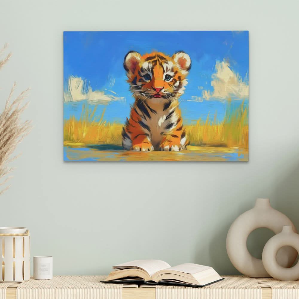 Tiger Cub in the Plains - Blue Wall Art for Kids Room