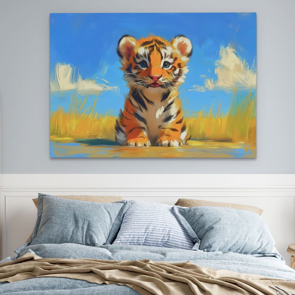 Tiger Cub in the Plains - Wall Art in Black Frame