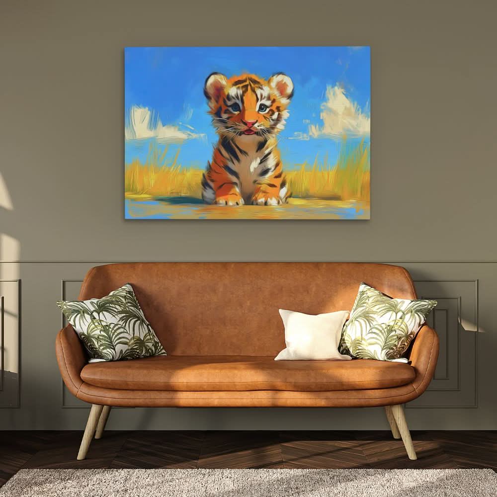 Tiger Cub in the Plains - Blue Canvas Wall Art