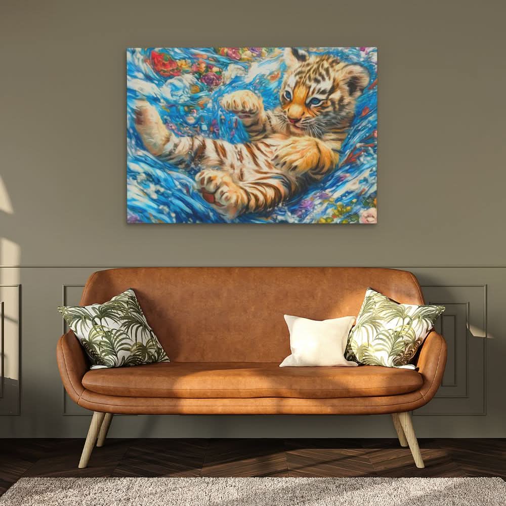 Tiger Cub in Water - Modern Wall Art in Black Frame