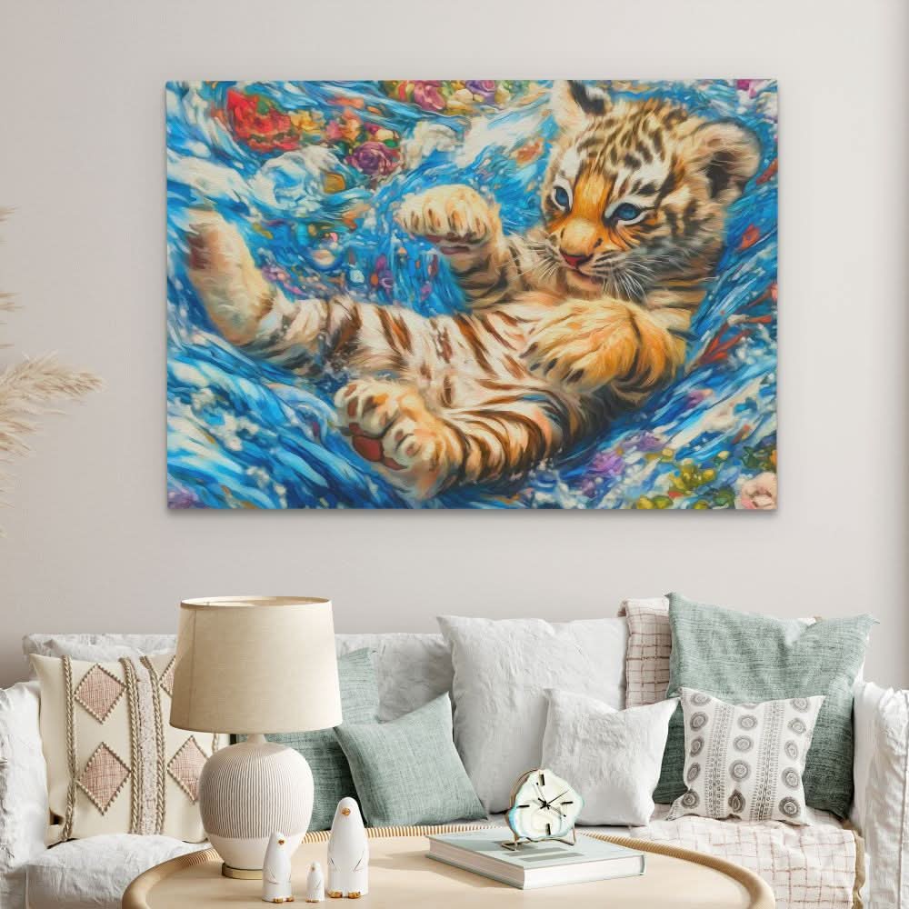 Tiger Cub in Water - Blue Baby Animal Canvas Print