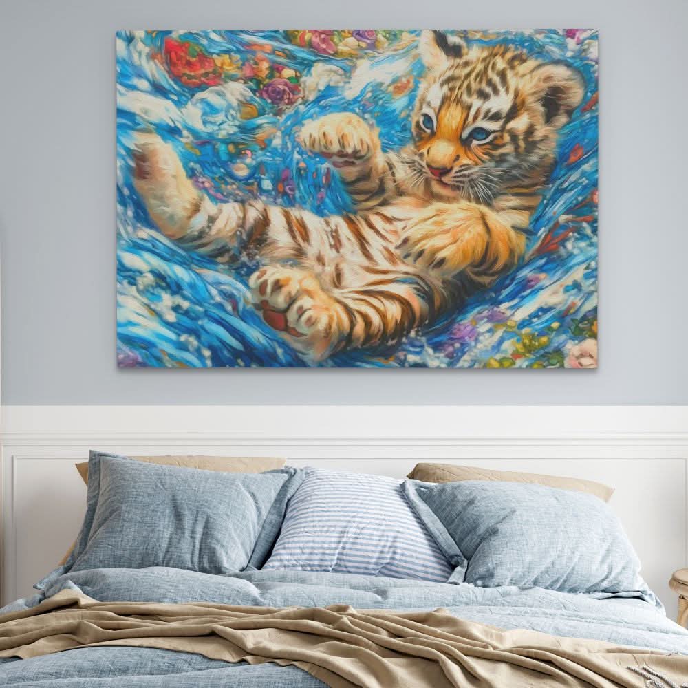 Tiger Cub in Water - Baby Animal Wall Art in Black Frame