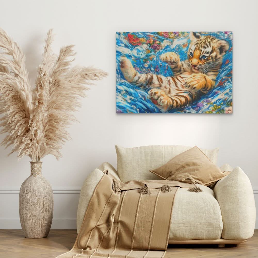 Tiger Cub in Water - Blue Wall Art for Lounge