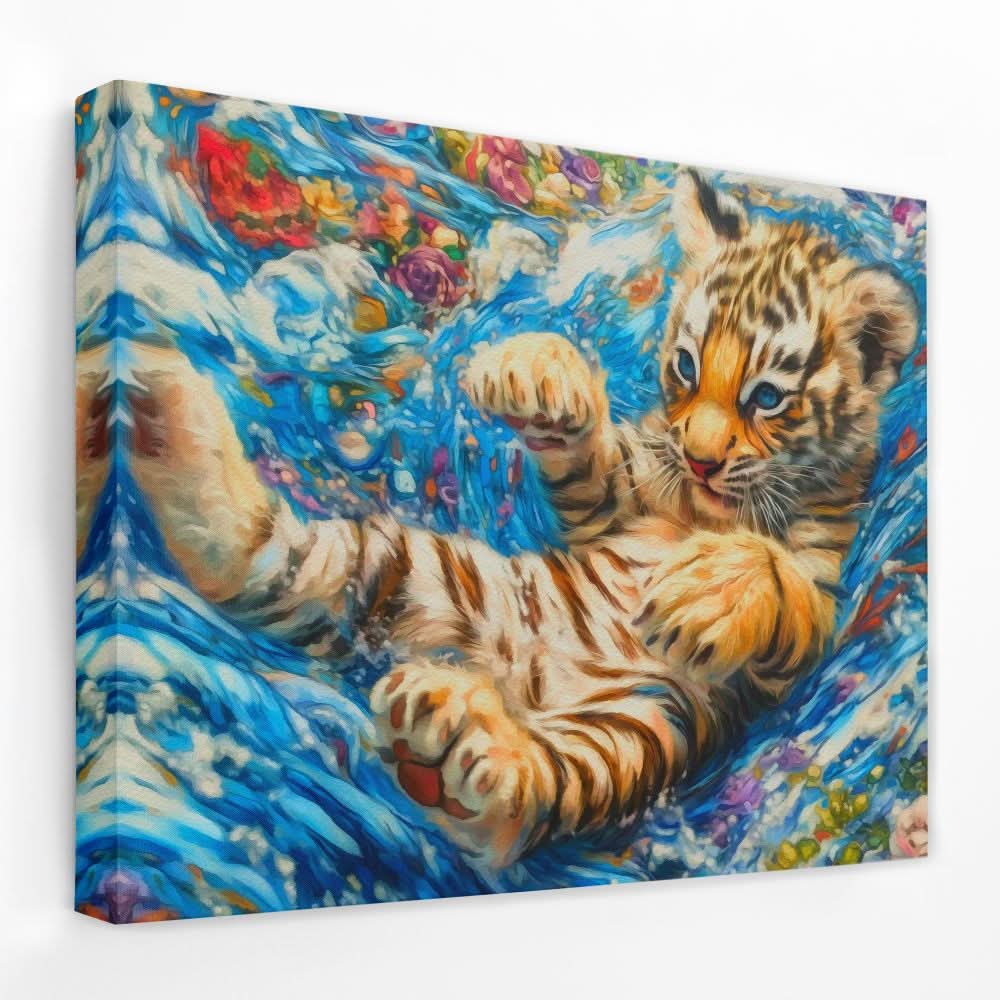 Tiger Cub in Water - Large Modern Canvas Print