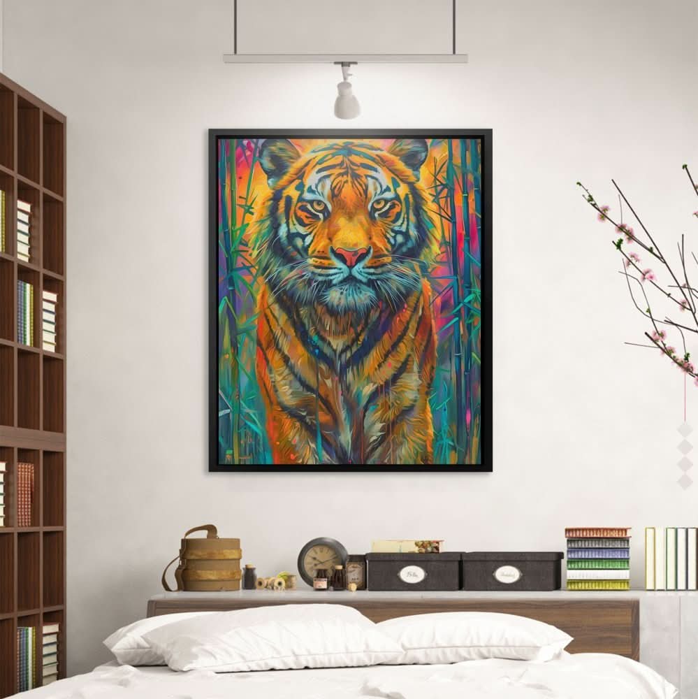 Tiger in the Grass - Big Cat Wall Art in Black Frame