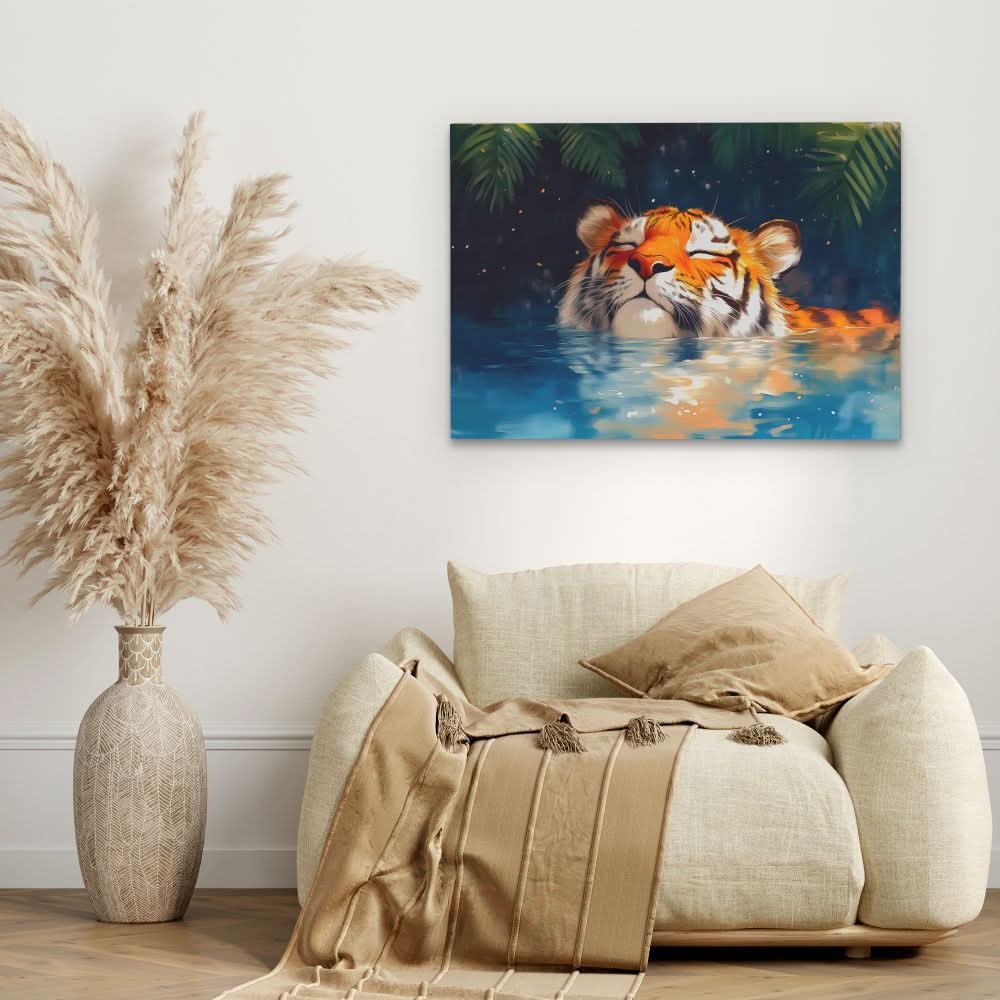 Tiger with Closed Eyes - Blue Wall Art for Bedroom