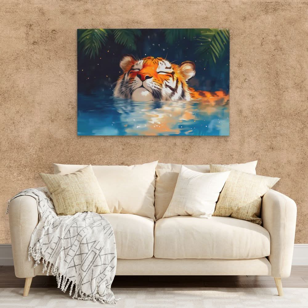 Tiger with Closed Eyes - Blue Canvas Wall Art