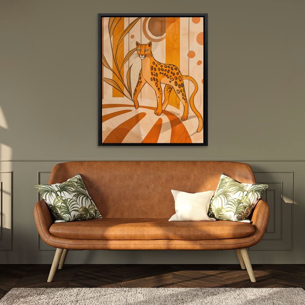 Tiptoeing Leopard - Minimalist Brown Canvas Wall Art