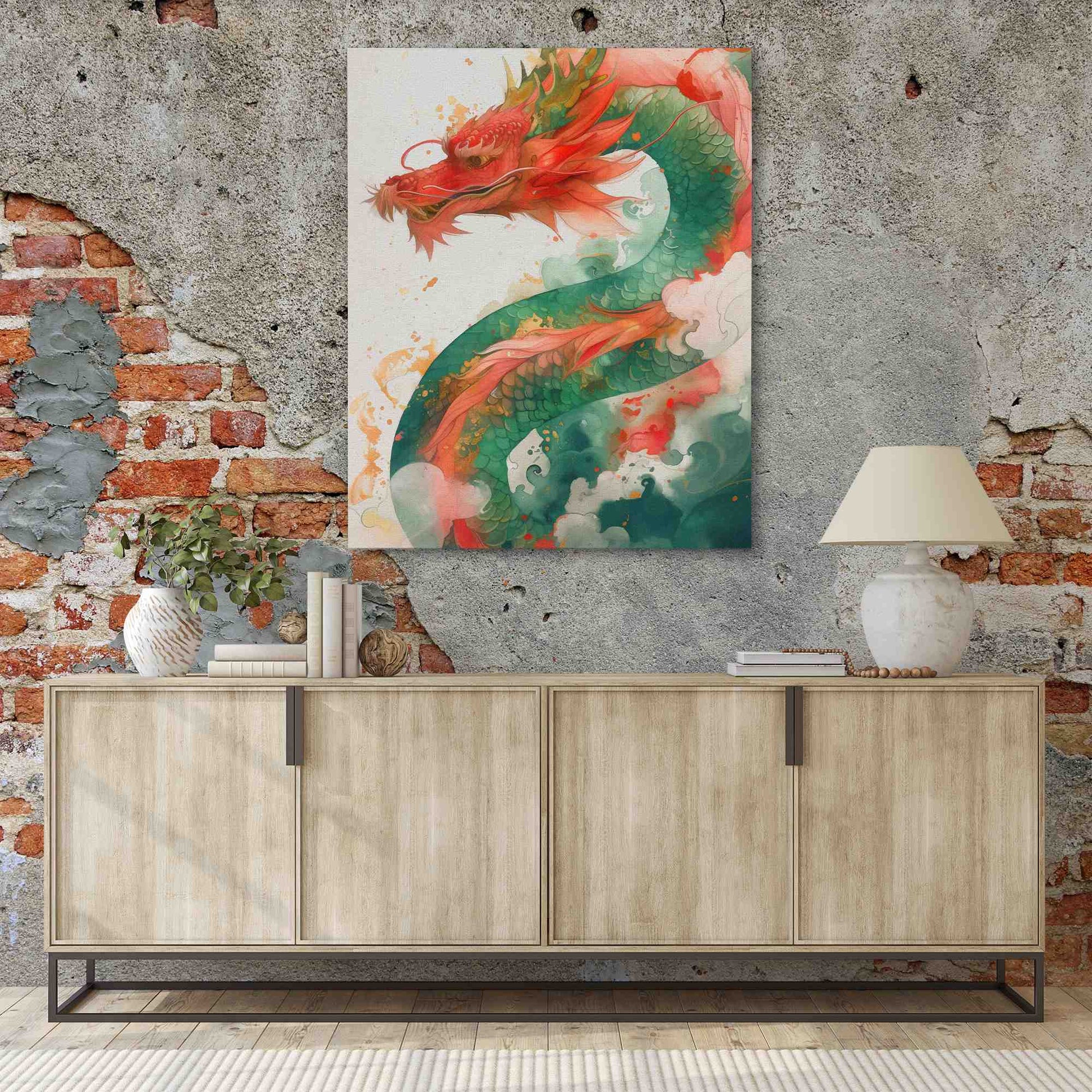 Traditional Dragon - Watercolor Pink Canvas Wall Art