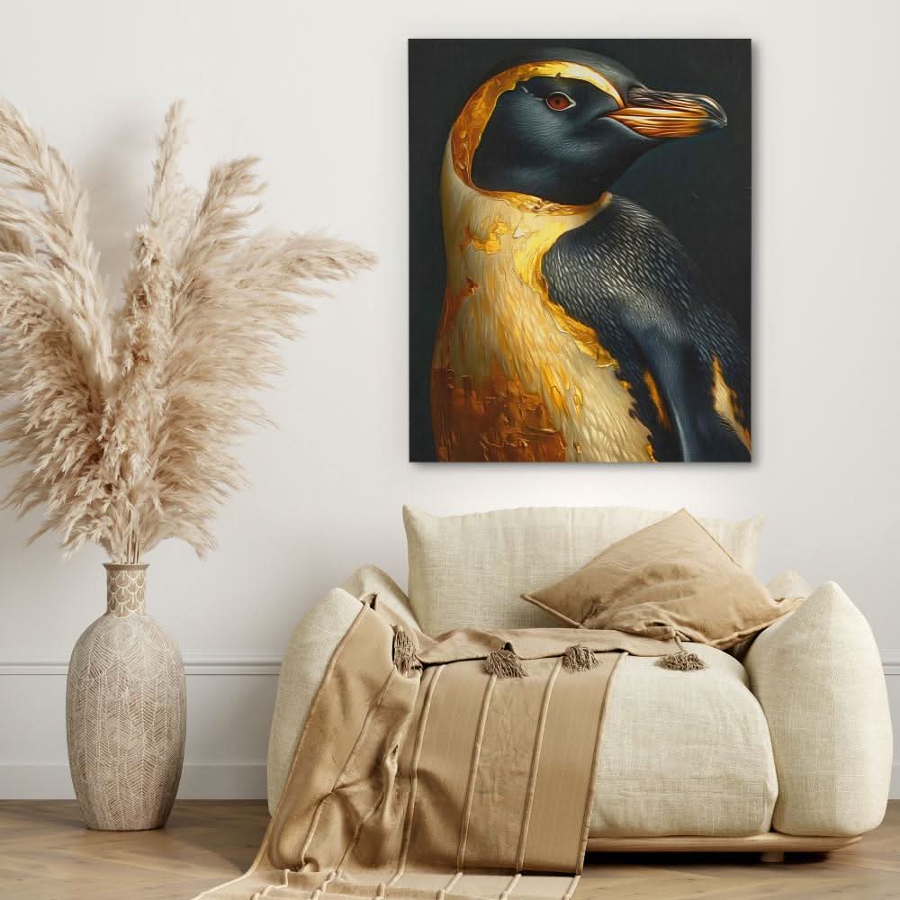 Treasured Penguin - Black and Gold Wall Art for Living Room