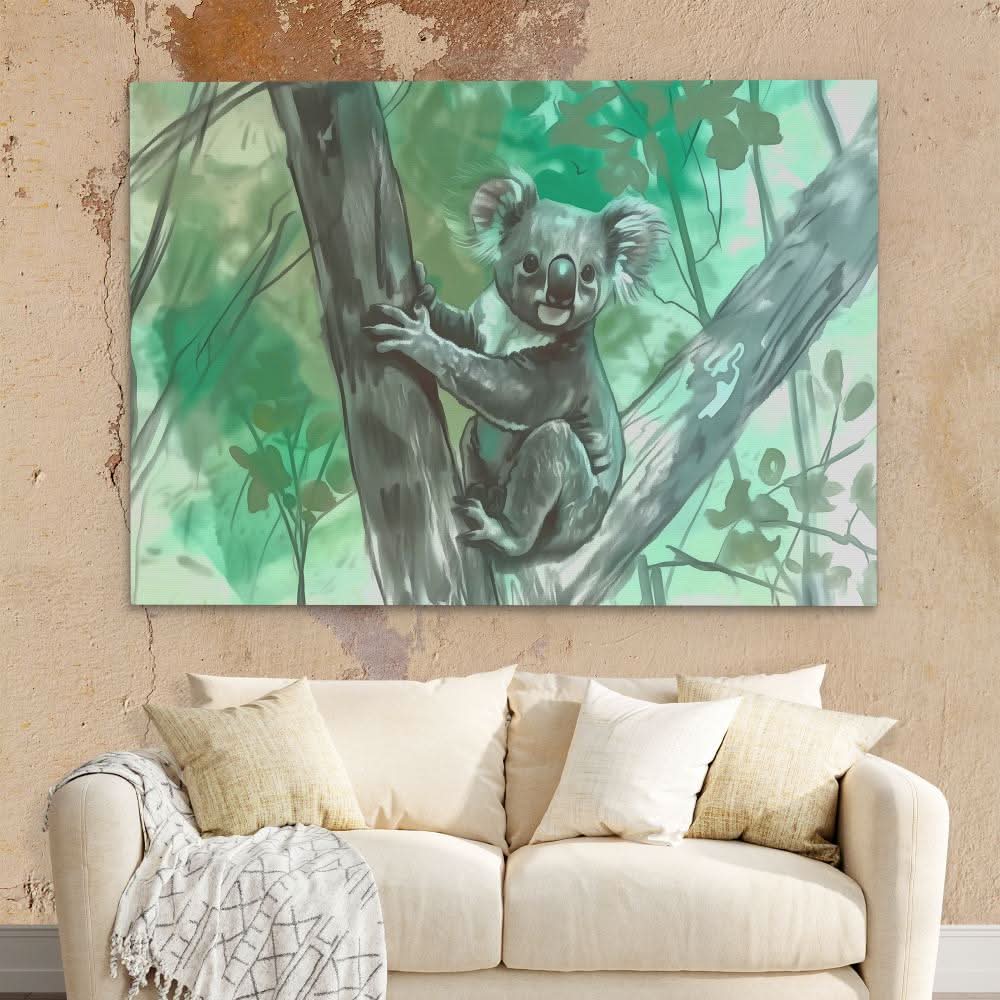 Tree Climbing Koala - Green Canvas Wall Art