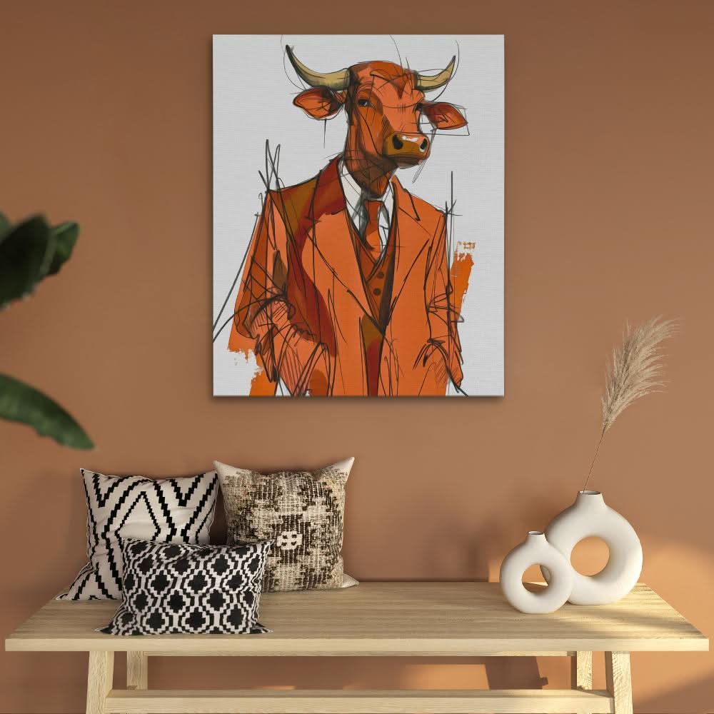 Trench Coat Bull - Abstract Wall Art in Black Frame