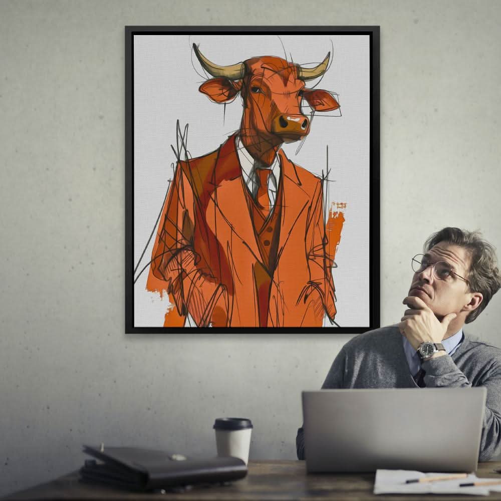 Trench Coat Bull - Bold Wall Art in Black Frame