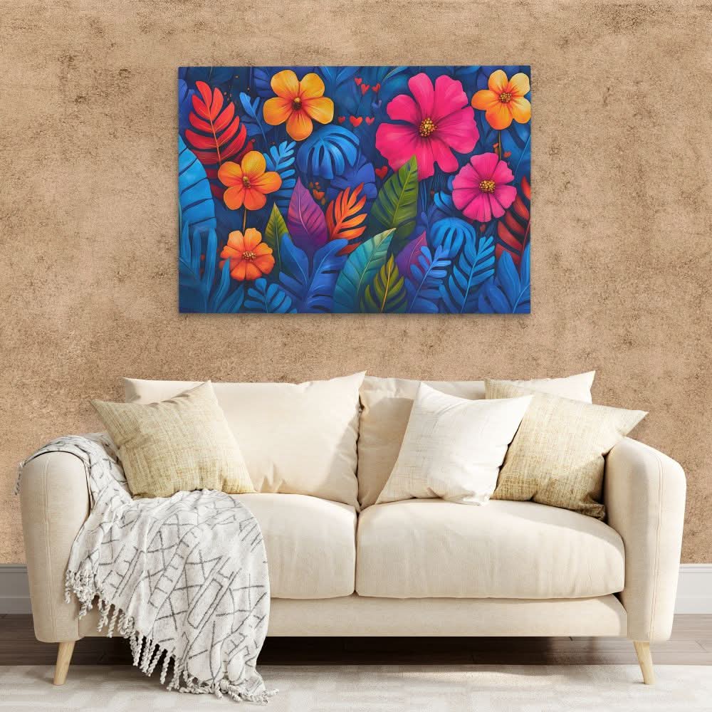 Tropical Flowers and Leaves - Blue Floral Canvas Print