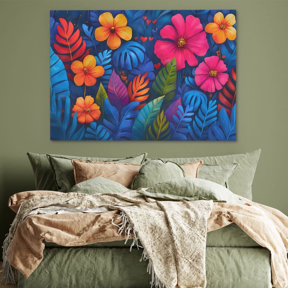 Tropical Flowers and Leaves - Blue Canvas Wall Art