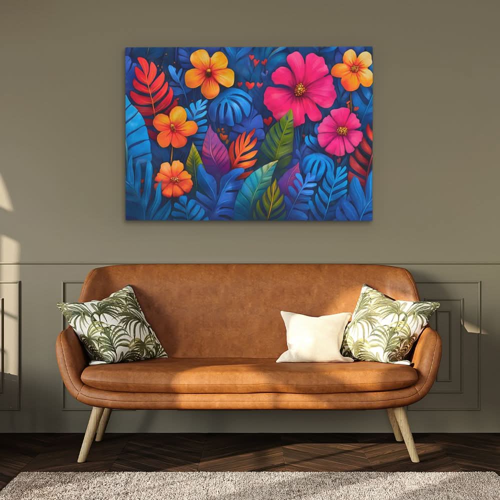 Tropical Flowers and Leaves - Floral Wall Art in Black Frame