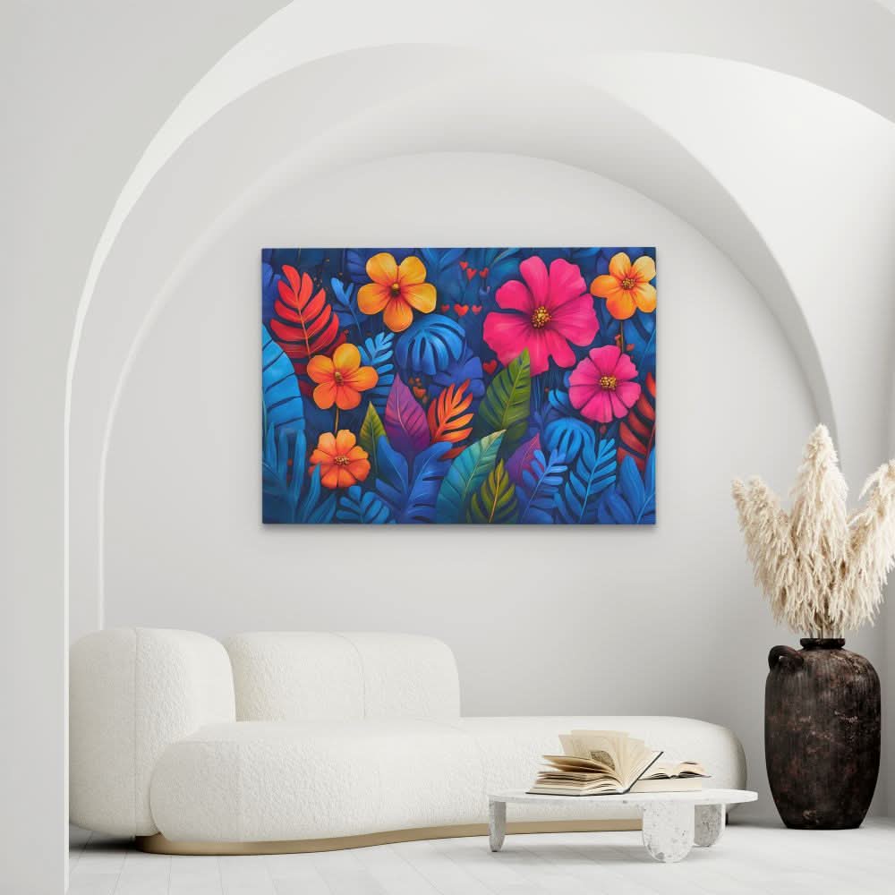 Tropical Flowers and Leaves - Blue Wall Art for Living Room