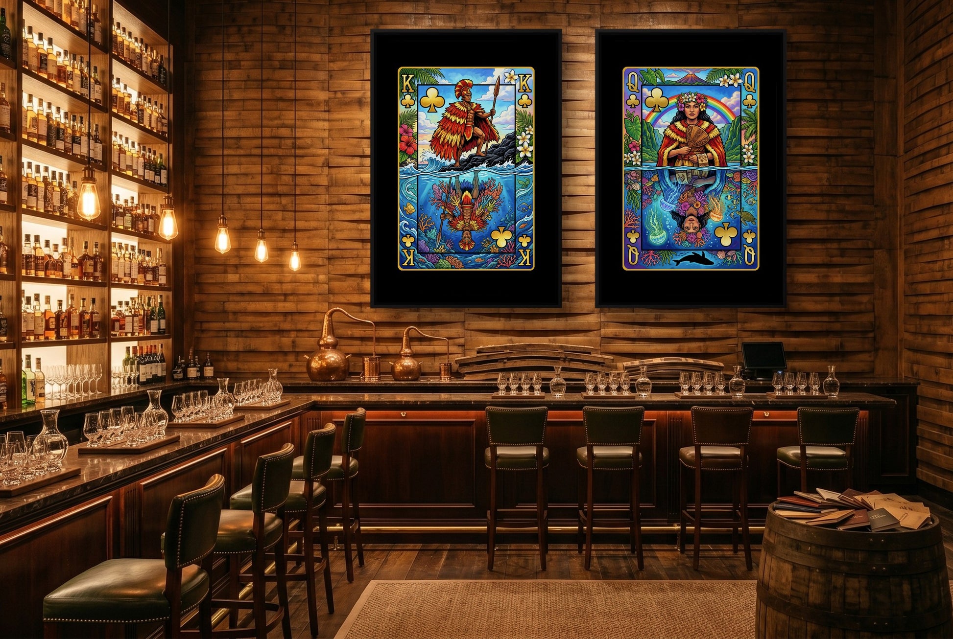 Tropical King & Queen Canvas Set - Hawaii Clubs black-framed canvas in a room
