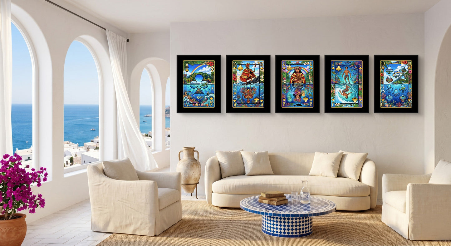Tropical Poker Canvas Set - Hawaii Royal Flush all five framed in a row, coastal living room