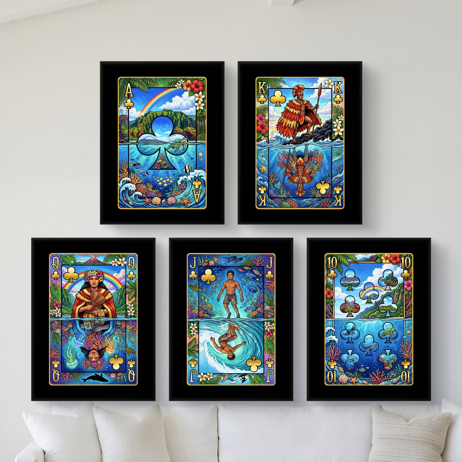 Tropical Poker Canvas Set - Hawaii Royal Flush framed set in a bright coastal villa