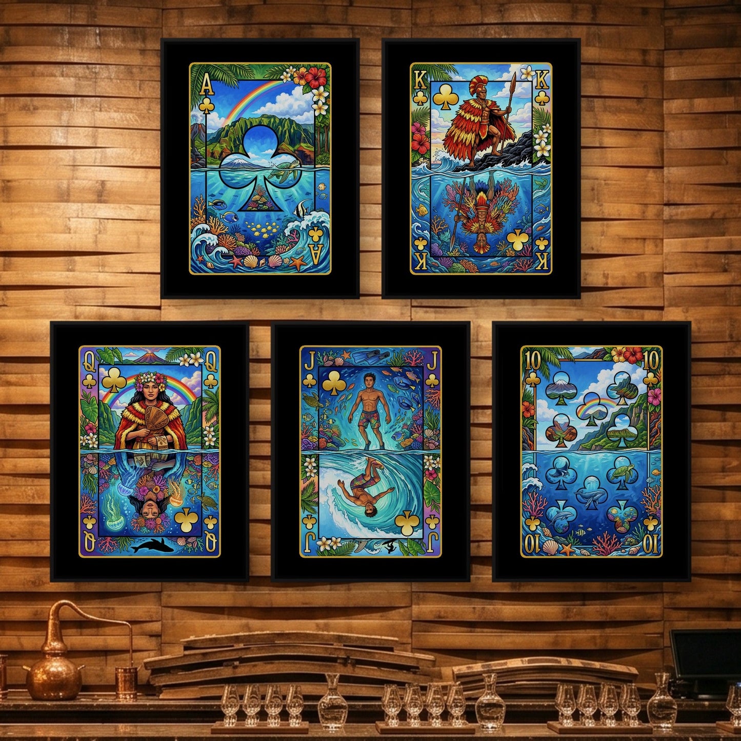 Tropical Poker Canvas Set - Hawaii Royal Flush framed set on a wooden bar wall