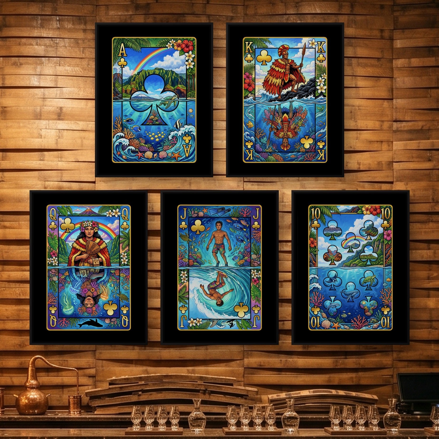 Tropical Poker Canvas Set - Hawaii Royal Flush framed set on a wooden bar wall