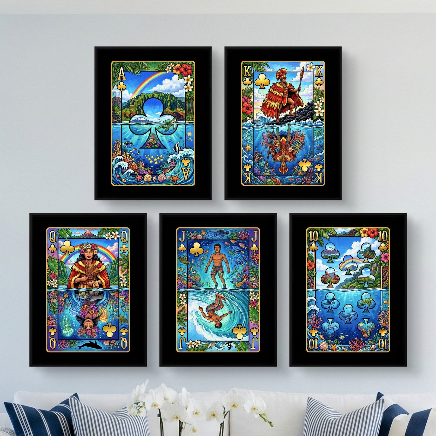 Tropical Poker Canvas Set - Hawaii Royal Flush framed set in a bright living room