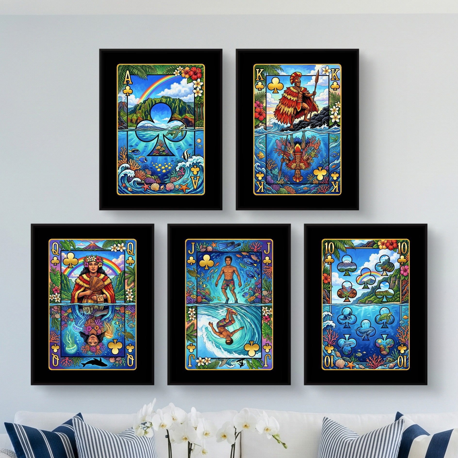Tropical Poker Canvas Set - Hawaii Royal Flush framed set in a bright living room