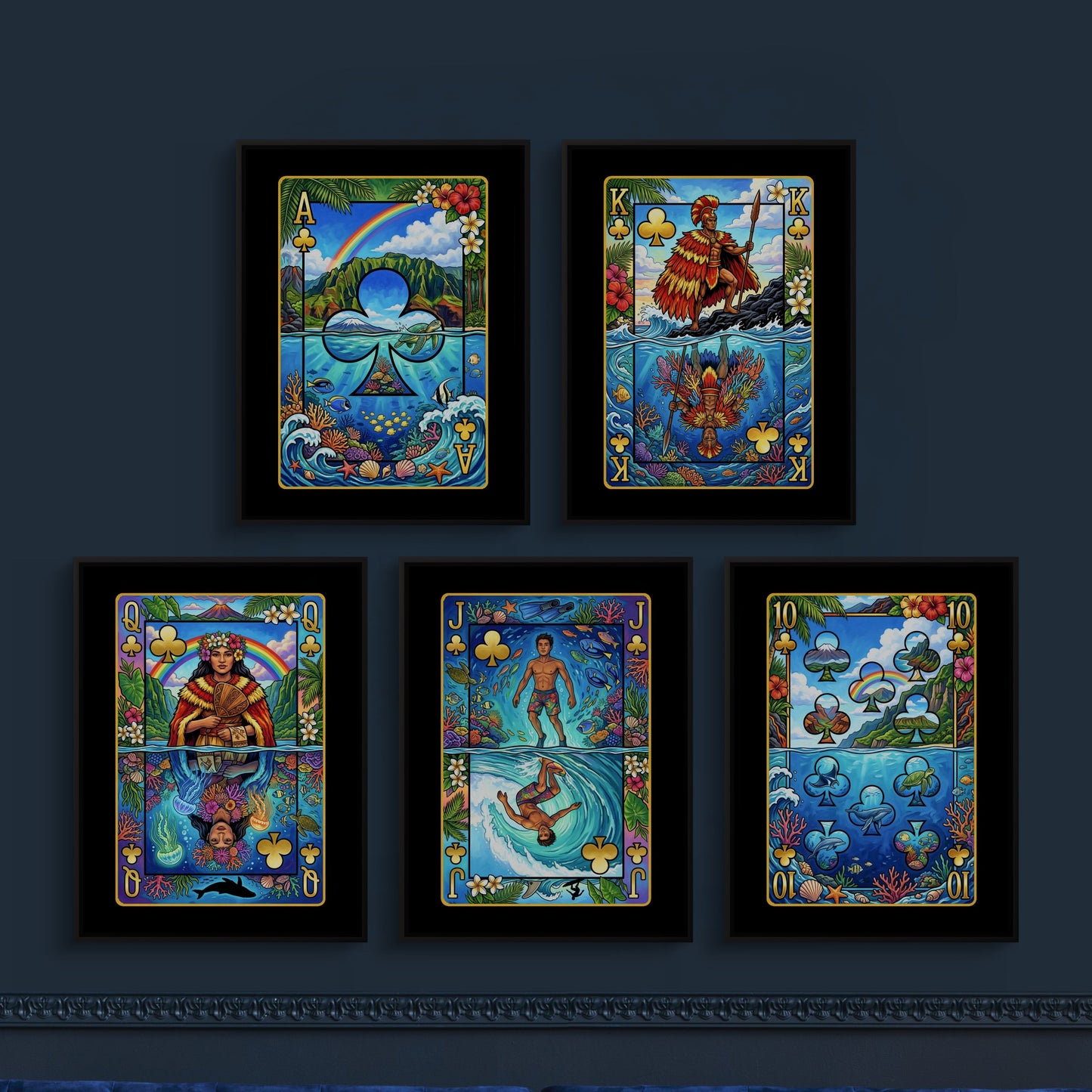 Tropical Poker Canvas Set - Hawaii Royal Flush framed set on a deep navy lounge wall