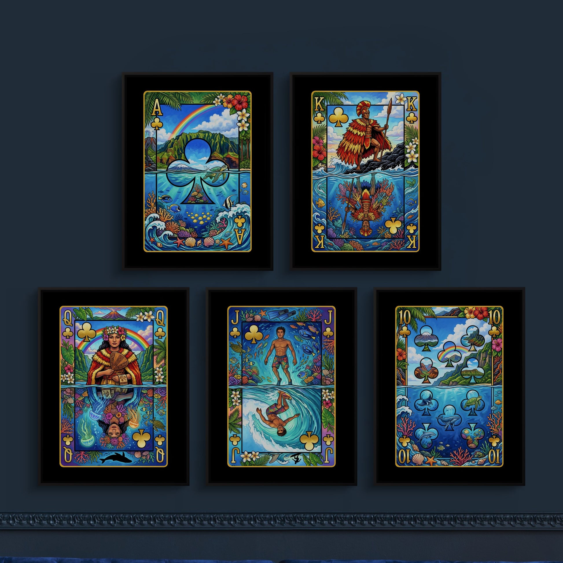 Tropical Poker Canvas Set - Hawaii Royal Flush framed set on a deep navy lounge wall