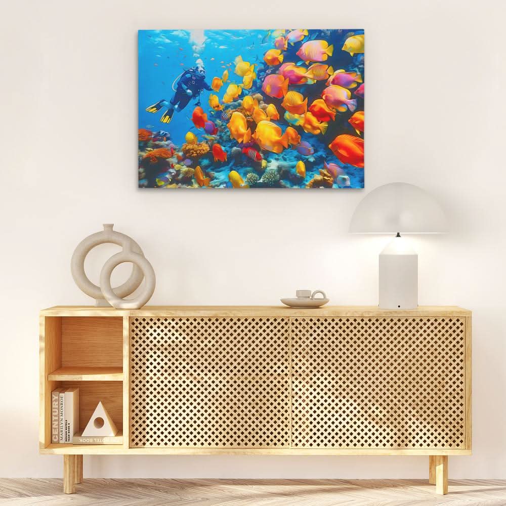 Tropical Scuba Diver - Coastal Wall Art in Black Frame