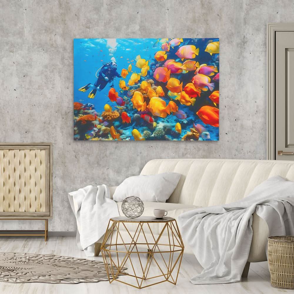Tropical Scuba Diver - Blue Coastal Canvas Print
