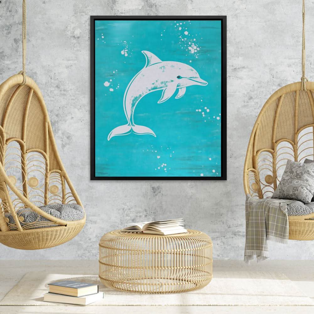 Turquoise Dolphin Splash - White Wall Art for Kids Room