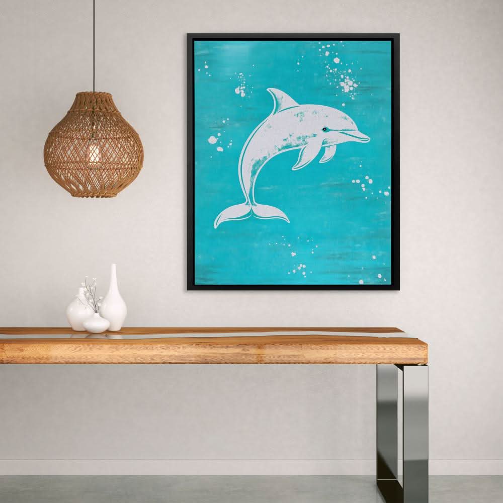 Turquoise Dolphin Splash - White Canvas Wall Art