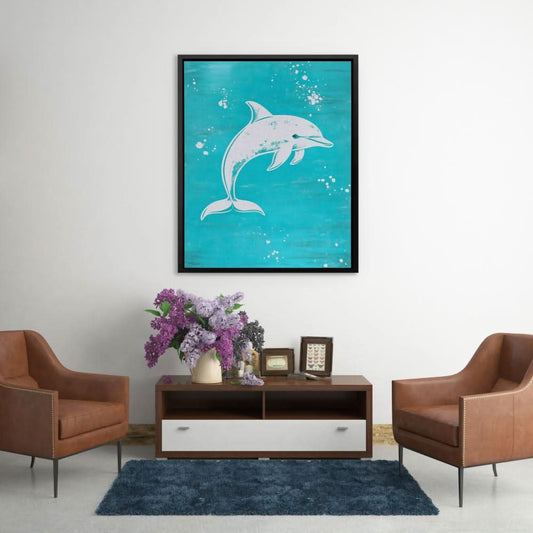 Turquoise Dolphin Splash - Wall Art in Black Frame