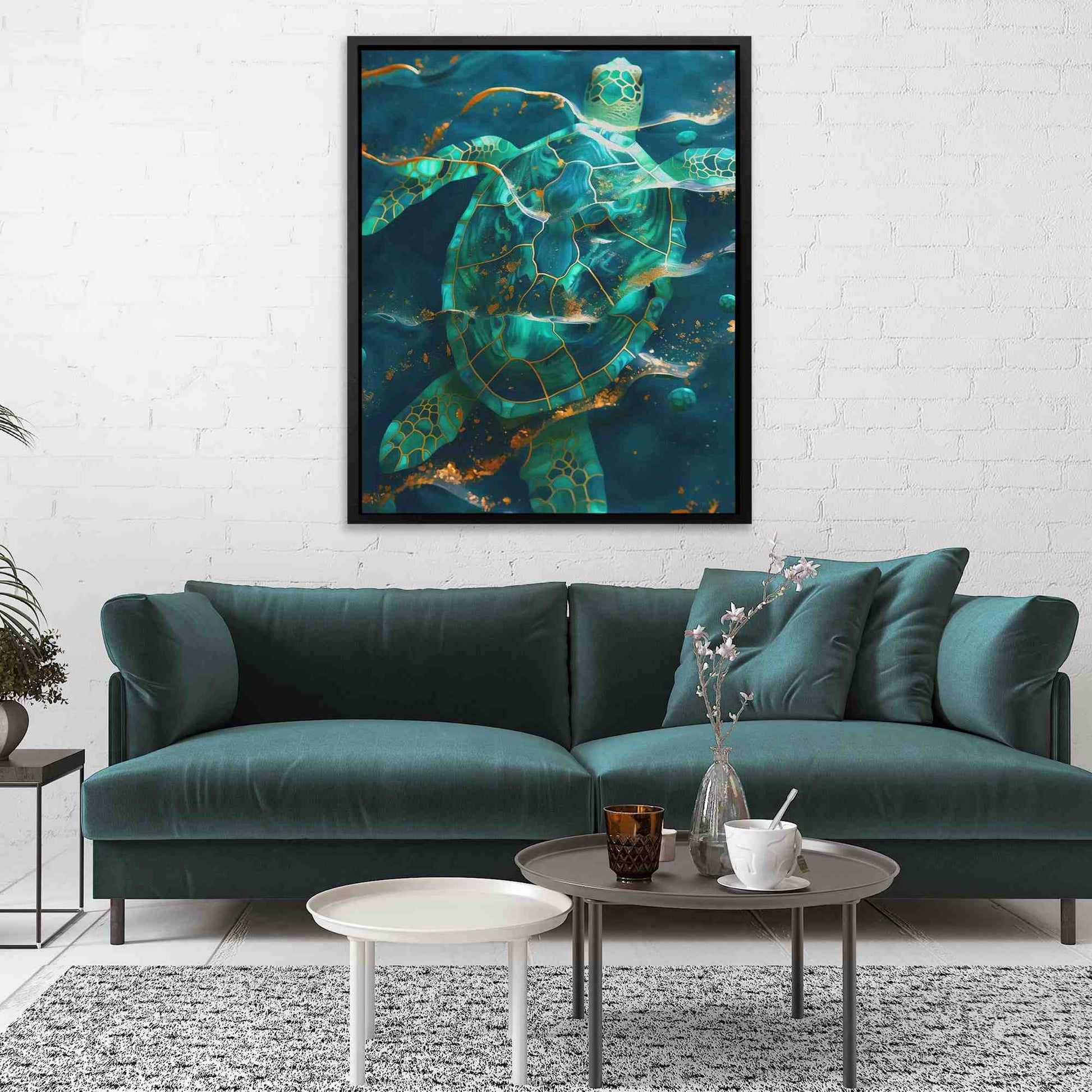 Turtle in Gold Waves - Luxury Wall Art